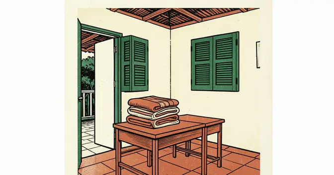 Ilustración en linograbado de un aula vacía y mantas dobladas como símbolo de la preparación de refugios en Misiones