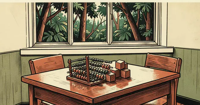 Ilustración en linograbado de un banco escolar con un ábaco y piezas geométricas en un aula de Misiones