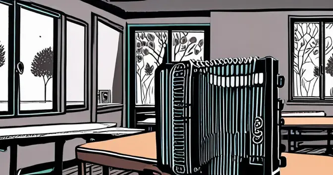Ilustración en linograbado de un acordeón sobre una mesa en un aula vacía de Posadas, Misiones