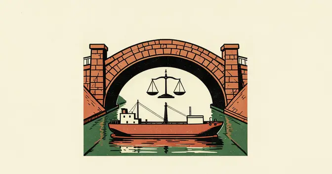Resumen Mundo del 22/10/2026: linograbado simbólico de un puente, un buque petrolero y una balanza