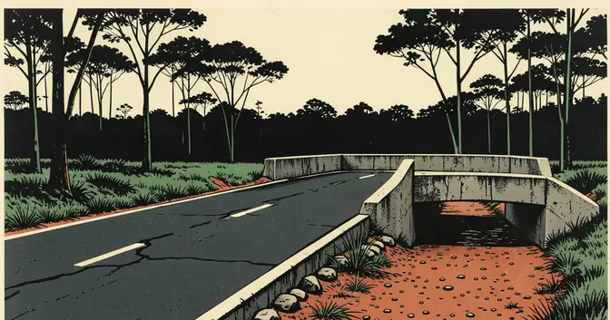 Ilustración en linograbado de un camino asfaltado que continúa como tramo de tierra junto a un puente en Misiones