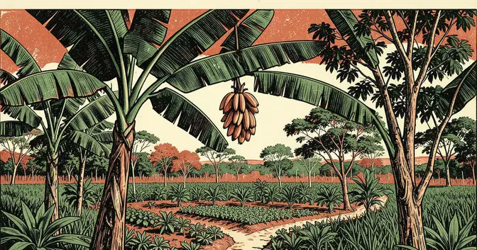Ilustración en linograbado de un bananal junto a otros cultivos y árboles en una chacra de El Soberbio, Misiones