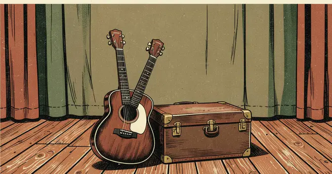 Ilustración de una guitarra junto a un baúl de viaje sobre un escenario vacío, símbolo de los traslados artísticos en Misiones