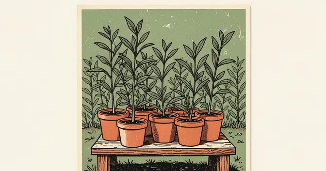 Ilustración de plantines de árboles nativos en un vivero de Misiones, con una plantación joven detrás