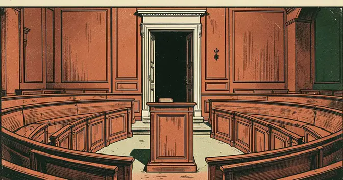 Resumen Argentina del 23 de octubre de 2026: linograbado de un recinto parlamentario vacío con un podio central y una puerta abierta