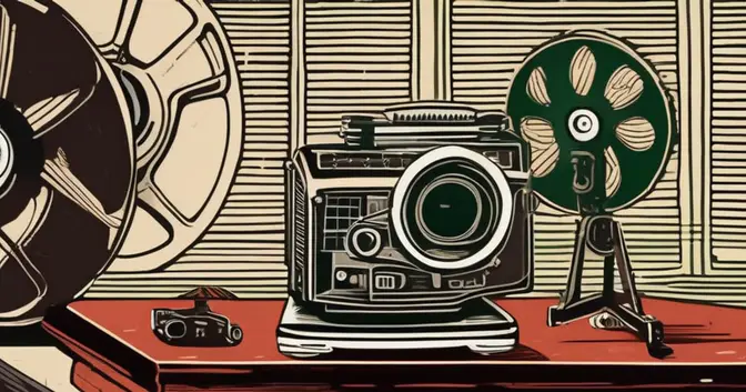 Ilustración en linograbado de un proyector y rollos de película junto a una ventana hacia el monte de Misiones