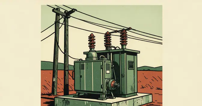 Ilustración en linograbado de una estación transformadora y líneas eléctricas del corredor San Isidro–Alem–Oberá, Misiones