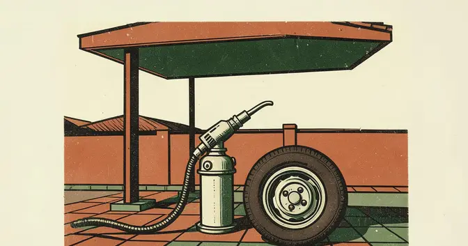 Ilustración en linograbado de una manguera de combustible y una rueda bajo el techo de una estación en Posadas