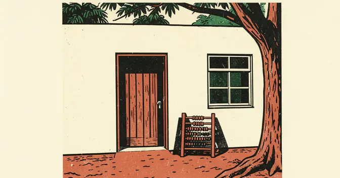 Ilustración en linograbado de la entrada vacía de una escuela de Misiones, con un ábaco junto a una ventana