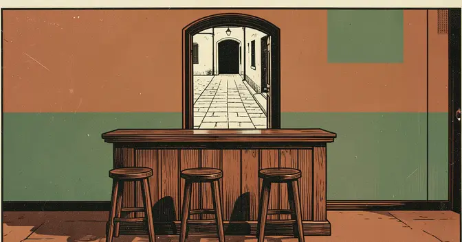 Ilustración en linograbado de una barra vacía y una puerta abierta en un local nocturno de Posadas, Misiones