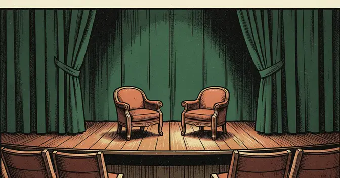 Ilustración de dos sillones vacíos sobre un escenario en Posadas, en referencia a la función solidaria para Tupá Rendá