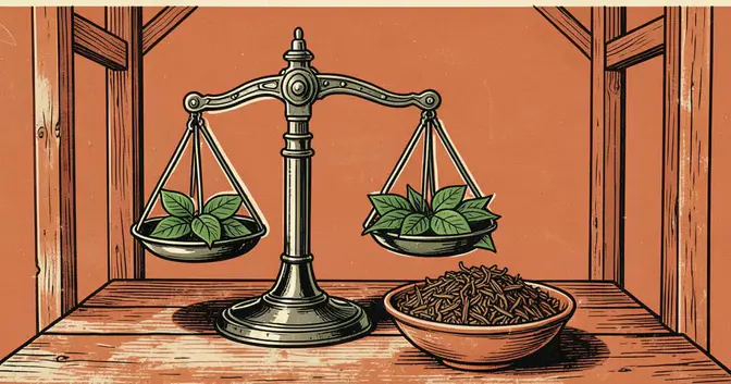 Ilustración en linograbado de una balanza con hojas de yerba mate y un cuenco de yerba seca en un secadero misionero