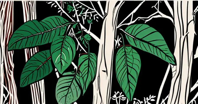 Ilustración en linograbado del interior de una planta de yerba mate con hojas verdes y ramas secas en Misiones