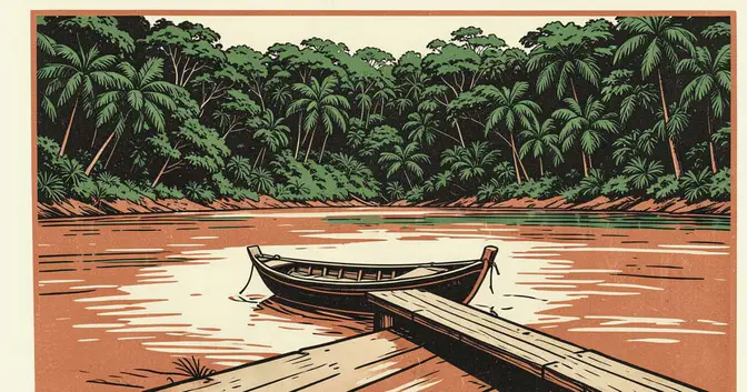 Ilustración en linograbado de un muelle vacío y una embarcación amarrada junto a la ribera de Puerto Iguazú, Misiones