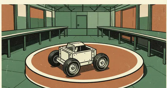 Ilustración de un pequeño robot con ruedas junto a una pista circular, en alusión al encuentro de robótica en Chaco