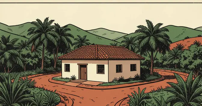 Ilustración en linograbado de un camino de tierra colorada que conecta chacras con un edificio comunal en Fracrán