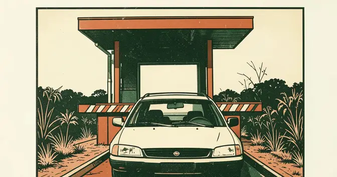 Ilustración en linograbado de una cabina de peaje y un parabrisas con dispositivo adhesivo en Misiones
