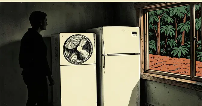 Ilustración en linograbado de un ventilador y una heladera en una vivienda de Misiones