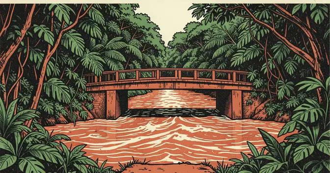 Ilustración en linograbado de un puente bajo sobre el arroyo Yabotí, rodeado por la selva de Misiones
