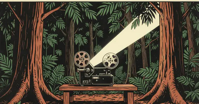 Ilustración en linograbado de un proyector y bobinas de cine junto a árboles del monte misionero en Oberá
