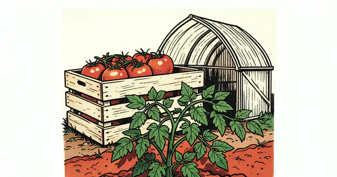 Ilustración en linograbado de tomates en un cajón junto a un invernadero y un surco de tierra colorada en Misiones