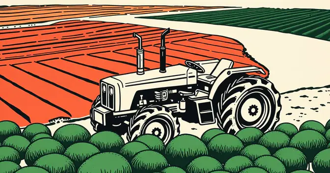 Ilustración en linograbado de un tractor junto a hileras de yerba mate sobre tierra colorada en Apóstoles