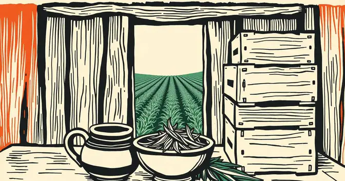 Ilustración en linograbado de yerba mate, un mate y cajones de distribución en un establecimiento de Misiones