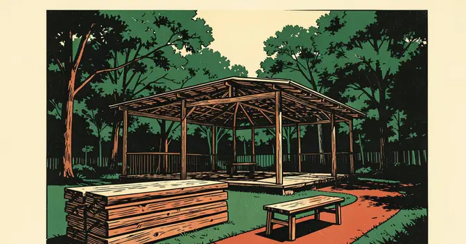 Ilustración en linograbado de una exposición de madera con bancos y tablas bajo un pabellón en San Vicente, Misiones