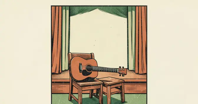 Ilustración en linograbado de una guitarra y un escenario vacío que representan proyectos culturales de Misiones