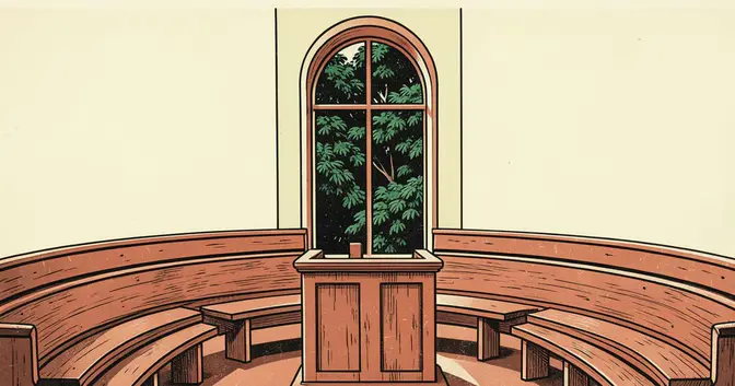 Ilustración en linograbado de un recinto legislativo vacío en Misiones, con bancos y un podio central