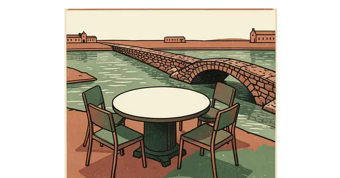 Resumen Mundo del 30/10/2026: linograbado de una mesa de negociación vacía y un puente sobre un río entre dos orillas